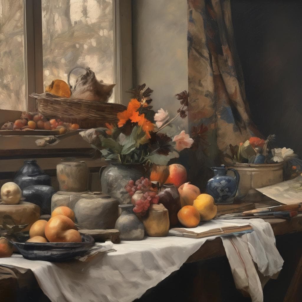 Λαδιγιέννη καλλιτεχνική ζωγραφιά με φρούτα και λουλούδια σε εσωτερικό χώρο, δημιουργώντας απολυτη αρμονία και αισθητική ευχαρίστηση.