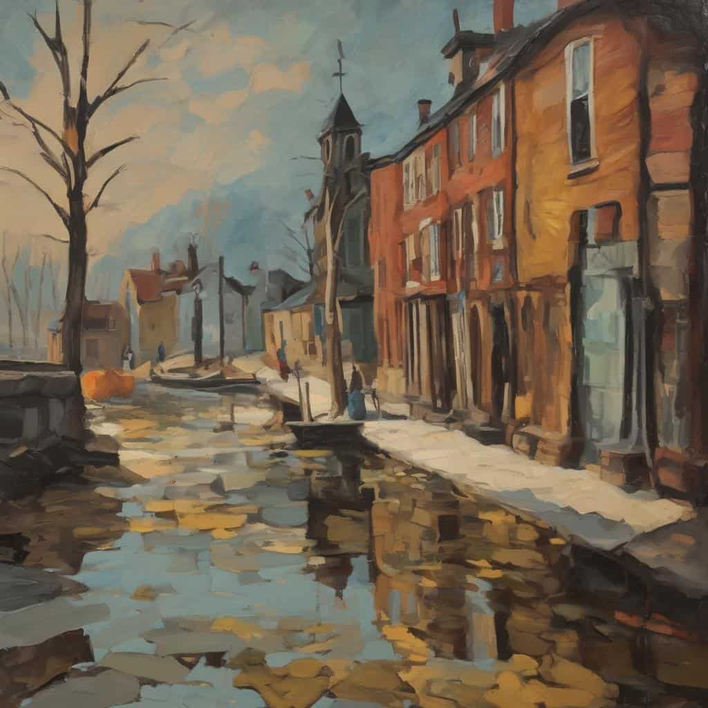 ζωγραφιά τοπίου με παλιομοδίτικα σπίτια και νερό, τέχνη και ποίηση, συνδυασμός λόγου και εικόνας, μοντέρνα αισθητική, καλλιτεχνική αποτύπωση.