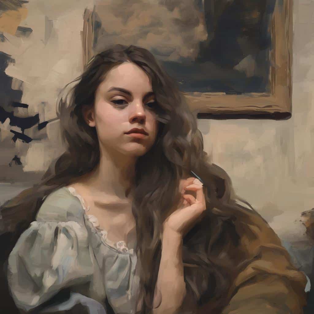 Ανθρώπινη γυναίκα με μακριά τσουλούφια σε ζωγραφική τέχνη, ποίηση και λόγος, τέχνη και εικόνα, συνδυασμός τέχνης και λογοτεχνίας.
