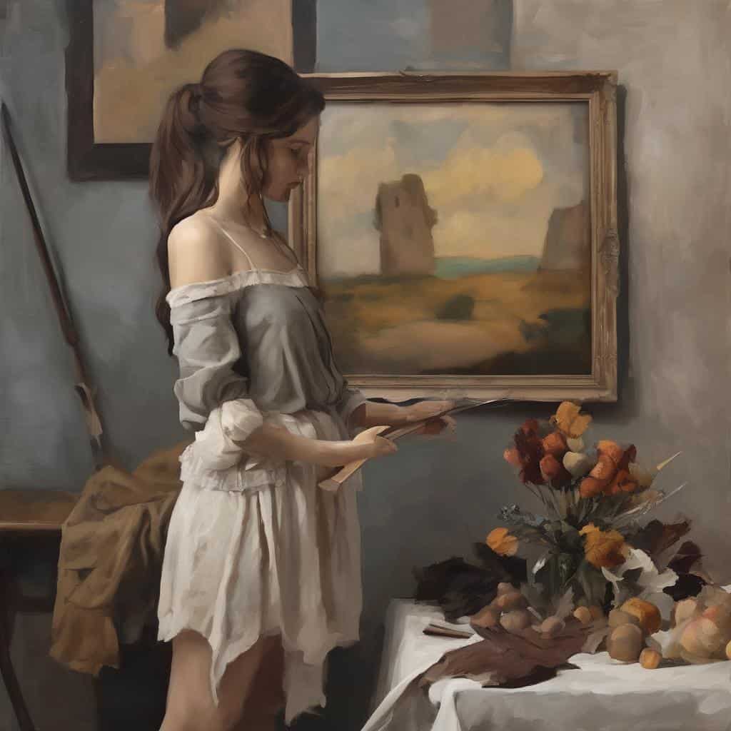 Ομορφη γυναίκα διαβάζει σε στούντιο τέχνης, έργα τέχνης και λογοτεχνία, εσωτερικό χώρο, ζωγραφική και ποίηση.