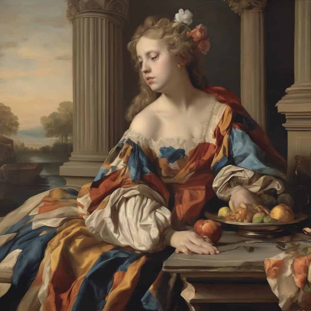 Ονειρική νεαρή γυναίκα με λουλούδια στα μαλλιά σε κλασικό έργο τέχνης, με ρομαντικό τοπίο στο βάθος.