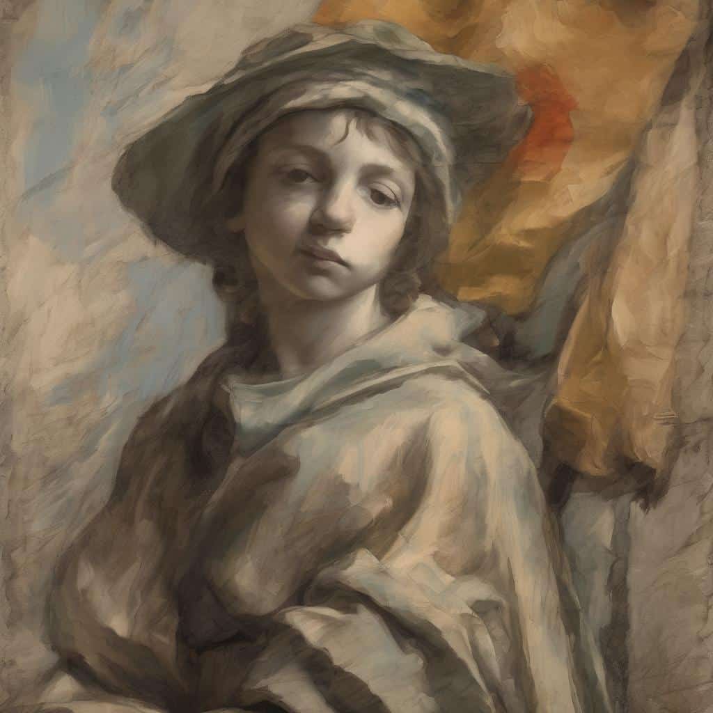 Ζεστός φωτισμός σε πίνακα με νεαρό άνδρα, ποίηση και τέχνη, συνδυασμός λόγου και εικόνας, καλλιτεχνική έκφραση, δημιουργικότητα και ζωγραφική.