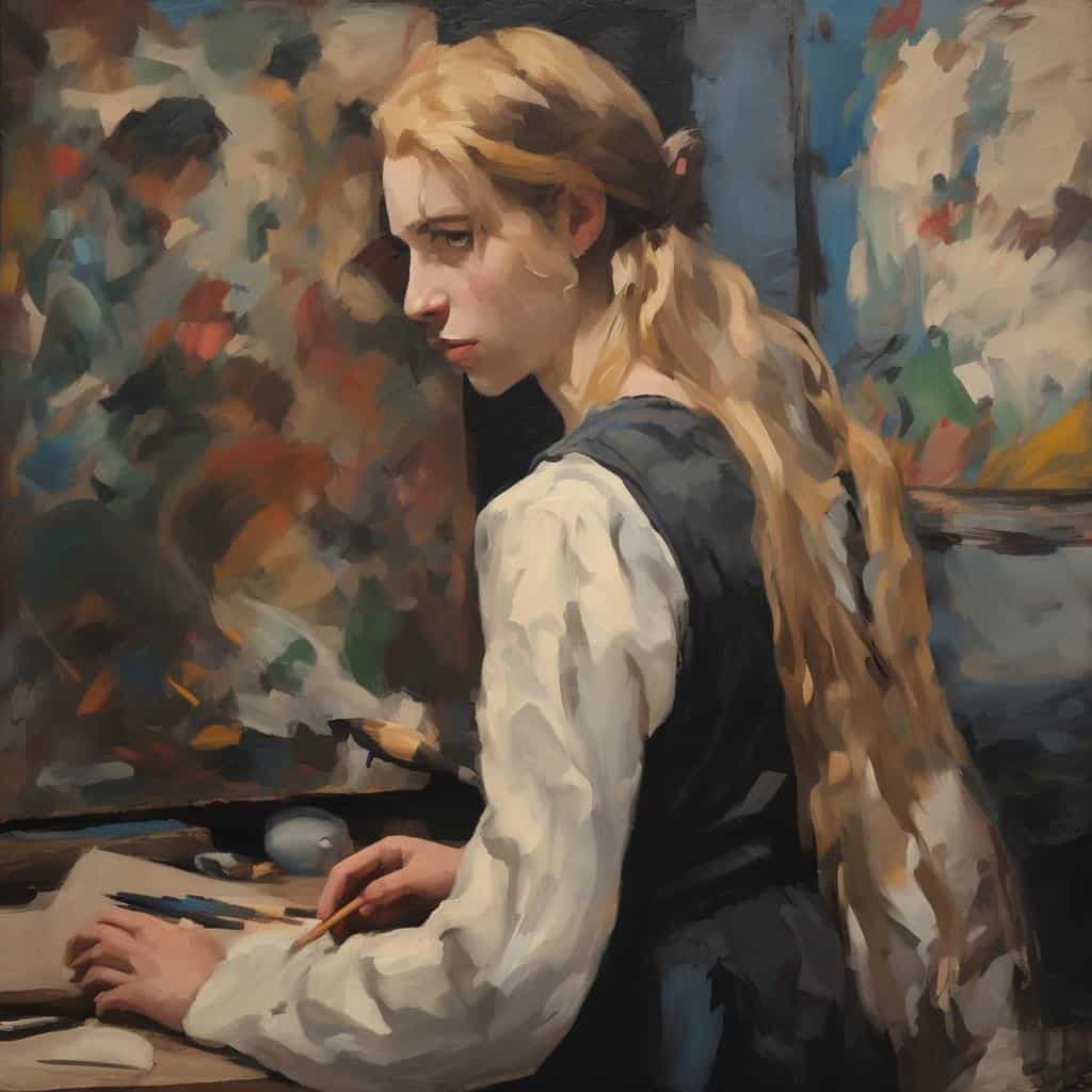 Ζωγραφική νεαρή γυναίκα ζωγράφος που δημιουργεί τέχνη και ποίηση συνδυάζοντας λόγο και εικόνα.